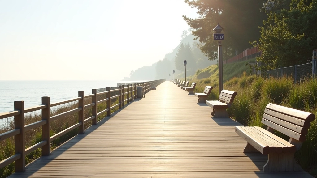 Piekrastes promenāde ar draudzīgiem signāliem un aprīkojumu senioriem